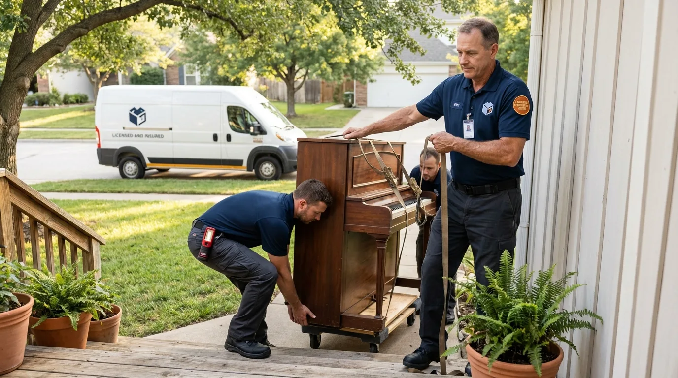 Licensed piano movers securing grand piano in Saint Charles, IL