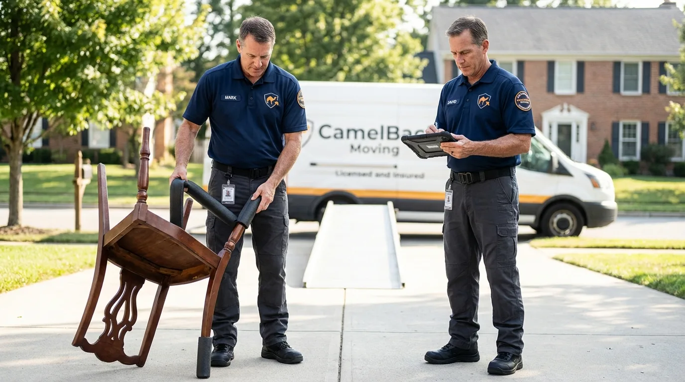 Movers inspecting furniture for damage prevention before loading in Saint Charles, IL