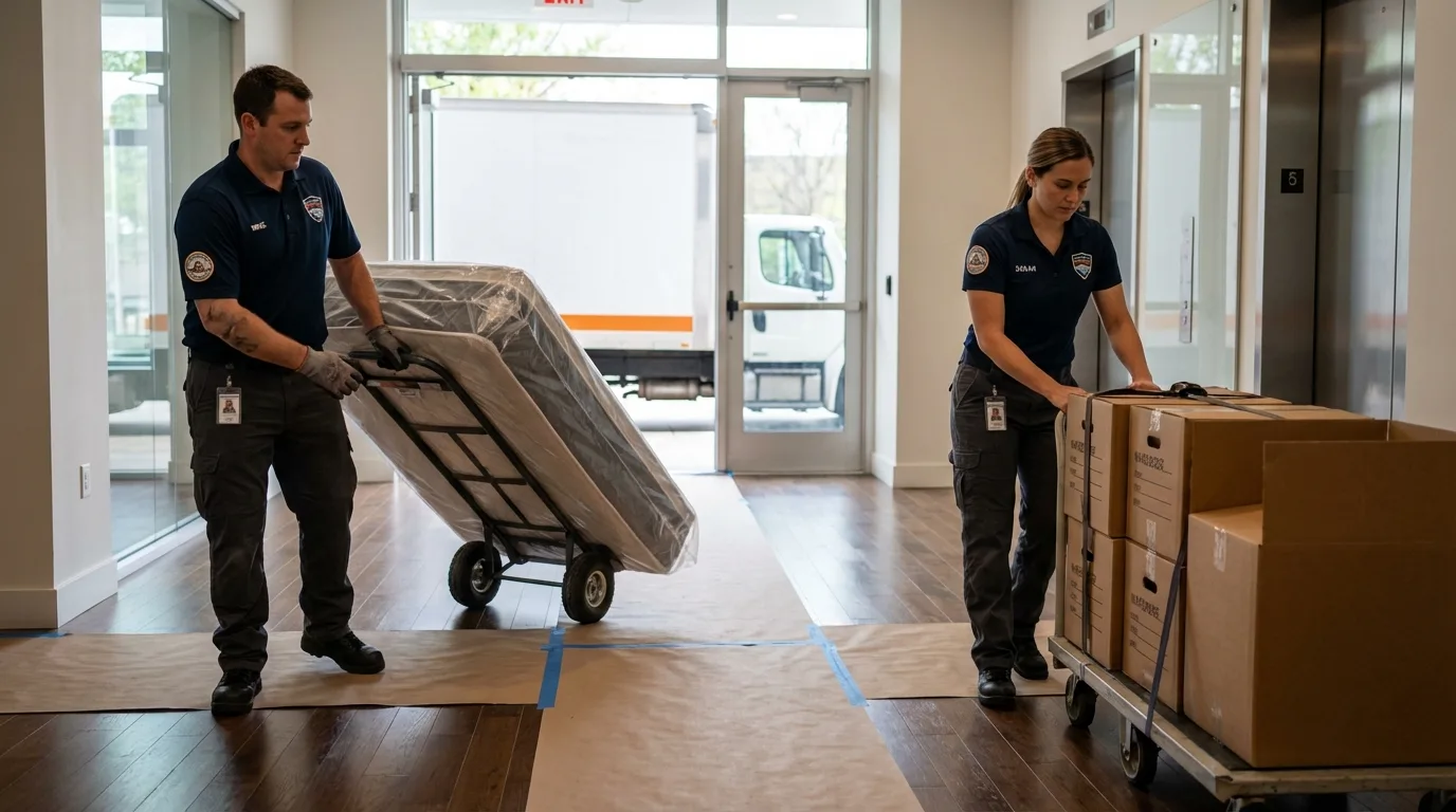 Professional apartment movers loading elevator in Saint Charles, IL